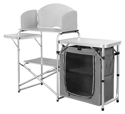 Image de Armoire de cuisine pliante pour camping - Table de barbecue pour camping - Aluminium - Pliable - Plateaux de rangement - 147 x 40 x 111 cm - Avec sac de transport - Blanc et gris