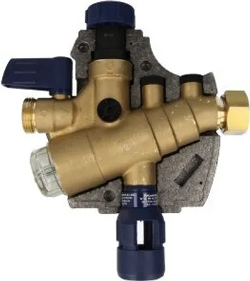 A cutaway view of a brass plumbing valve assembly with blue and gray components, set against a white background.