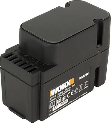 A black lithium-ion battery pack for a Worx lawnmower.