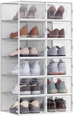 Produktbild von Famanu Schuhboxen, Set von 12, Aufbewahrungsboxen für Schuhe, faltbar und stapelbar, transparent-weiß