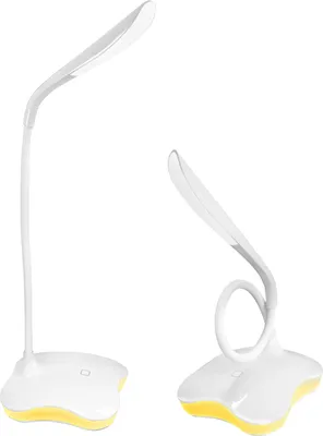 Two white desk lamps with yellow accents on a white background. One lamp is standing upright, and the other is bent into a loop.