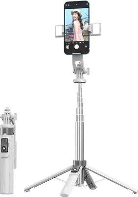 Produktbild von Bluetooth Selfie Stick Stativ mit Fülllicht für Smartphone iPhone14 13 12 11 Pro Max, Samsung Bluetooth Selfie Stick Quad Tripod - Weiß