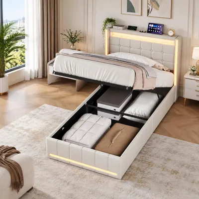 Image de INONEFT, lit simple 90x200 cm avec éclairage LED et ports USB, lit capitonné avec espace de rangement, lit à mécanisme hydraulique, lit pour adolescents avec tête de lit et sommier à lattes, couleur : lin, beige