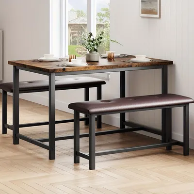 Imagen del producto de Mesa de comedor con dos bancos - Juego de mesa para cocina - Mesa para 4 personas - Juego de bancos - Mesa rectangular