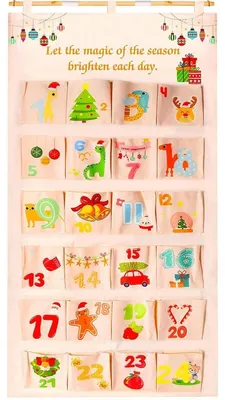Immagine prodotto di Calendario dell'Avvento riutilizzabile in tessuto, per il 2025, composto da 24 sacchetti in tessuto, da appendere, dimensioni 66 x 130 cm