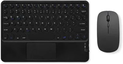 Immagine prodotto di Tastiera Bluetooth compatta e portatile con trackpad e tasti rotondi, per iPad/iOS/Android, nera, dal design ultrasottile e ricaricabile.