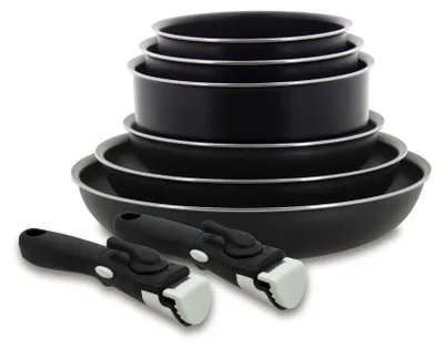 8-tlg. Kochgeschirr-Set aus Aluminium, schwarz, 3 Töpfe + 3 Pfannen