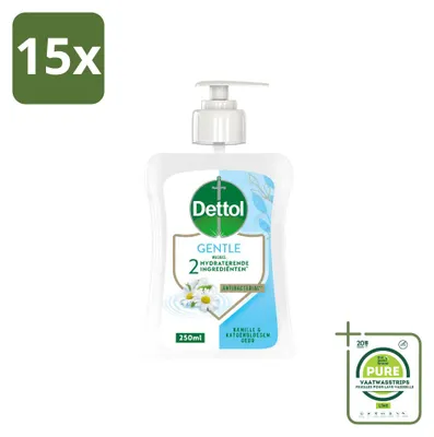 Imagen del producto de 15 unidades de jabón líquido para manos Dettol, fórmula suave, con extracto de manzanilla y algodón, 250 ml, pack grande