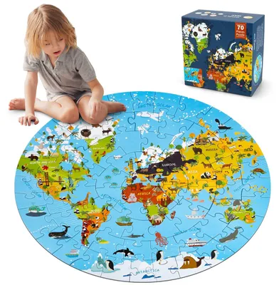 Immagine prodotto di Omgoods - Puzzle per bambini a tema mappa del mondo, dai 3 anni in su - 70 pezzi, puzzle da pavimento