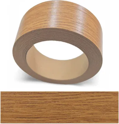 A roll of wood-grain edge banding tape with a sample strip below it.