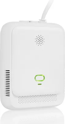 A white smart home sensor device is shown against a white background.