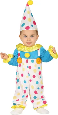 A baby wearing a clown costume.