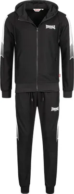 A black Lonsdale tracksuit is displayed front and center against a white background.