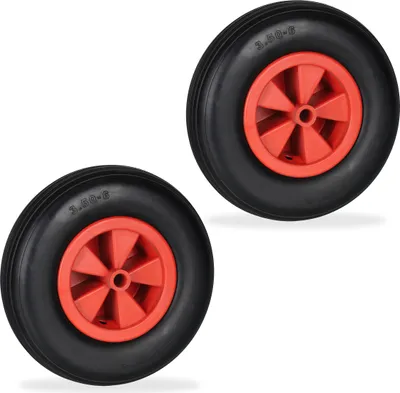 Image de Relaxdays Roue de brouette 3.50-6, lot de 2, caoutchouc plein, jante en plastique, roue de secours, anti-crevaison, jusqu'à 100 kg, noir/rouge