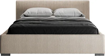 A bed with pillows and bedding, shown from the front.