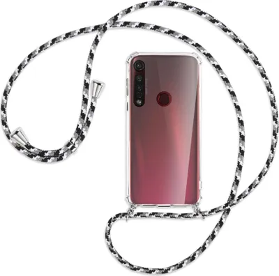 Produktbild von Handykette Backcover-Schutzhülle mit Band (Metall silberfarben) für Motorola Moto G8 Plus - schwarz/grau/weiß