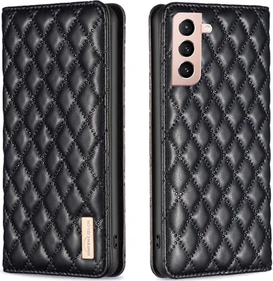 A black quilted leather phone case is shown from two angles, front and side.