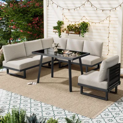 Produktbild von Garten-Essgruppe,Gartenmöbel-Set, Garten-Loungesessel-Set, Ecksofa, Outdoor-Relaxbett, Esstisch,Kann in ein Liegebett umgewandelt werden, graubeige