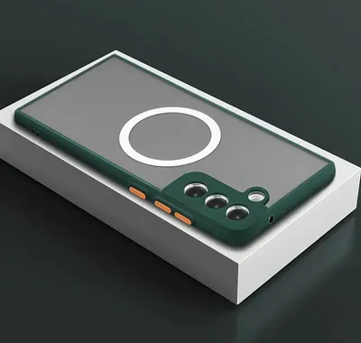 A dark green phone case with a frosted back and a white magnetic ring is displayed on a white pedestal against a dark gray background.