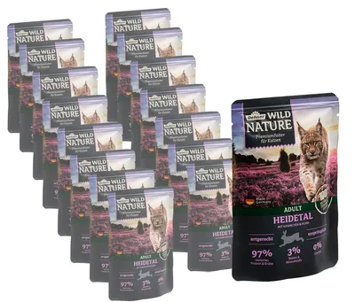Produktbild von Dehner Wild Nature Katzenfutter Heidetal, Nassfutter getreidefrei / zuckerfrei, für ausgewachsene Katzen, Kaninchen / Huhn, 16 x 85 g Beutel (1.36 kg)