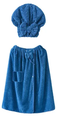 Blaues Mikrofaser-Badetuch-Wickeltuch mit Tasche und passender Haartrockenhaube, beide mit Schleifendetail