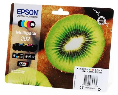 Produktbild von Epson Kiwi Multipack 5-colours 202 Claria Premium Ink, Standardertrag, Schwarz, Foto schwarz, Cyan, Magenta, Gelb, Tinte auf Pigmentbasis, Tinte auf Farbstoffbasis, 6,9 ml, 4,1 ml