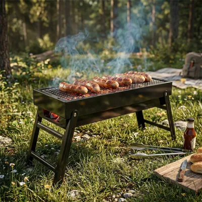 Produktbild von Tragbarer Faltgrill 60 cm aus Stahl, schwarz, mit ausziehbarem Rost, Kohlegrill