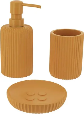 Produktbild von Becherset seifenspender und seifenschale aus gestreiftem polyresin - senf - Tendance