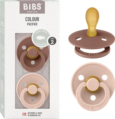 Produktbild von BIBS Colour Symmetrical Schnuller 2er Pack, BPA-frei Dummy-Schnuller, Symmetrischer Nippel. Naturkautschuk / Latex, Hergestellt in Dänemark. Größe 2 (6-18 Monate), Woodchuck / Blush