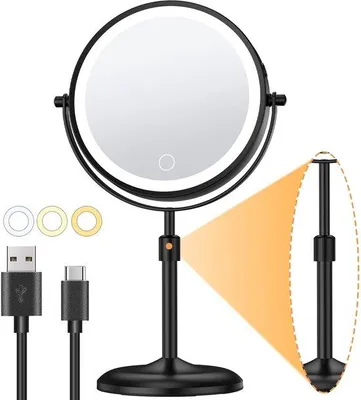 Zdjęcie produktu dla Elektryczne lusterko do makijażu z oświetleniem LED, powiększenie 1x/10x, 3-kolorowe światło z regulacją jasności, regulacja wysokości, 7 cali, obrót o 360°, czarne lusterko do makijażu z oświetleniem LED