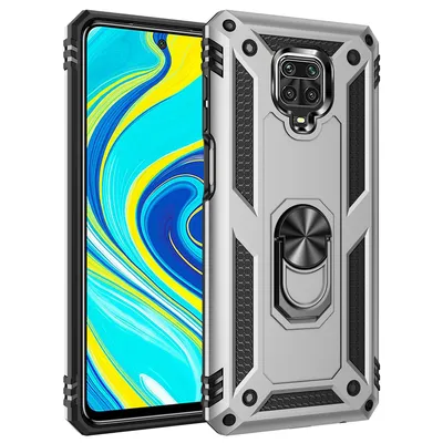 Obrázek produktu pro Ochranné pouzdro pro Redmi Note 9 Pro, dvouvrstvé robustní, armádou testované ochranné pouzdro s držákem na prsten pro Xiaomi Redmi Note 9S / 9 Pro / 9 Pro Max Stříbro