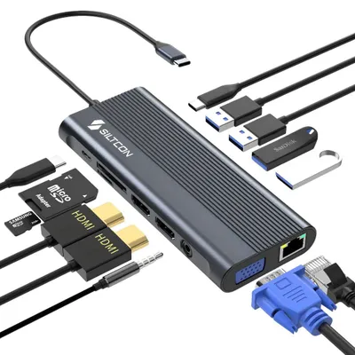 Productafbeelding van Siltcon® 13 in 1 USB C Hub - Docking Station Laptop - 2x HDMI 4K - VGA - RJ45