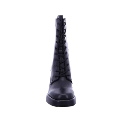 A black lace-up boot with a block heel is shown from the front against a white background.