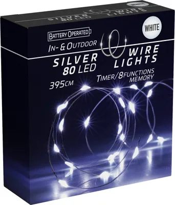 Produktbild von LED-Lichterkette kaltweiß, Batteriebetrieben, 80 LEDs, Silberdraht, Innen/Außen, 3,95m