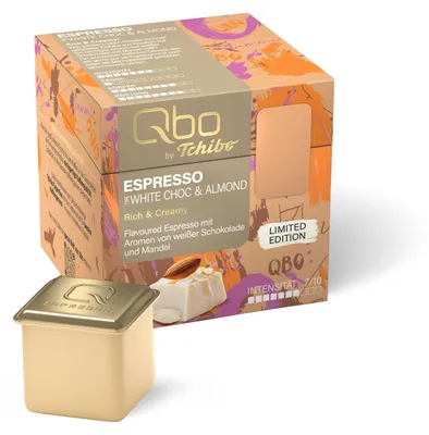Produktbild von Tchibo Qbo Kaffeekapseln, Flavoured Espresso White Choc & Almond, 8 Stück Limited Edition, vollmundig & cremig im Geschmack mit Aromen von weißer Schokolade & Mandeln, Trommelröstung, 7/10 Intensität
