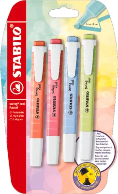 Obrázek produktu pro Zvýrazňovač - STABILO swing cool Pastel - balení 4 ks - špetka limetky, třešňově růžová, obláčkově modrá, korálově červená