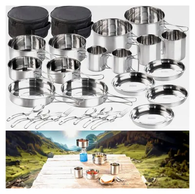 Produktbild von Camping-Pfanne: 24-teiliges Edelstahl-Kochgeschirr-Set mit Besteck und Tasche