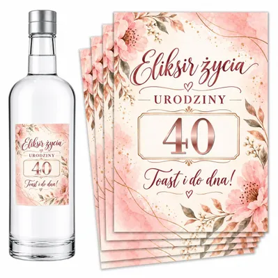 Obrázok produktu pre Etikety na fľaše – k 40. narodeninám – „Eliksir Życia” – ružová – #136 – 8 ks