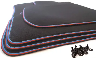 Obrázek produktu pro Podlahové koberečky pro BMW řady 3 E46 M3 Edition Prémiové velurové koberce do auta v originální kvalitě 4-dílná sada černá + M barvy