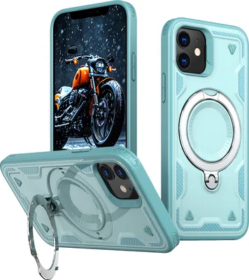 Produktbild von Dual Layer Hülle für iPhone 12/iPhone 12 Pro Metall Ring Ständer Magnetisch Stoßfest Militär Handyhülle Türkis