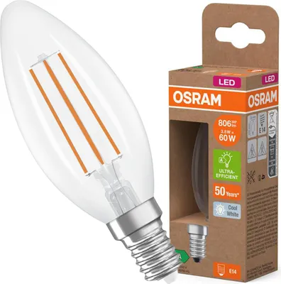 Obrázok produktu pre LED žiarovka OSRAM Energy Class v klasickom tvare mini sviečky, 3,8 W / 806 lm, EEK A, studené biele svetlo (4000 K), CRI 80, z bezolovnatého skla čírej farby, pätica E14, IP20, priemer 35 mm.
