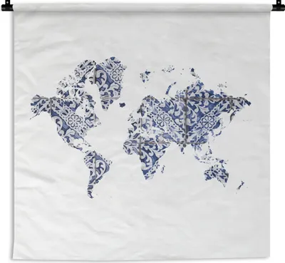 Produktbild von MuchoWow® Wandteppich Wandbehang Weltkarte - Delfter Blau - weiß 150x150 cm Tapisserie Dekoration Wandtuch - Wohnaccessoires - Modernes