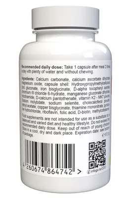 The back of a white supplement bottle showing nutritional information and a barcode.