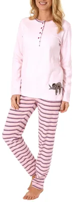 Produktbild von Damen Pyjama Kuschelinterlock Hose gestreift - süsses Faultier Tiermotiv - auch in Übergrössen ; rosa , 40/42