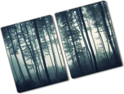 Produktbild von Tulup Glas Herdabdeckplatte - 2x40x52 cm - Glaskeramikkochfeld-Abdeckung Spritzschutz Glasabdeckplatte Kochplattenabdeckung und Schneidebrett - Zweiteilig - Landschaften - Wald im Nebel - Schwarz