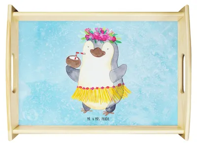 Produktbild von Mr. & Mrs. Panda sofatablett Pinguin Kokosnuss - Eisblau - Geschenk, Hawaii, tablett holz, Tanzen, Serviertablett, Urlaub, Holztablett, Erholt, für bett