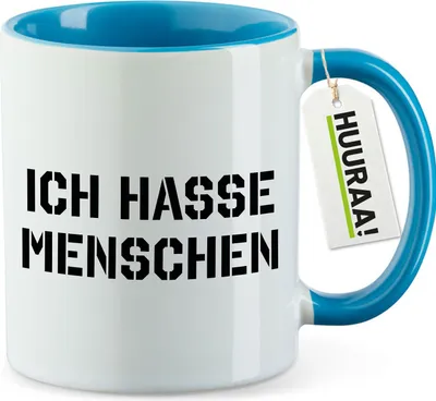 Produktbild von Huuraa Kaffeetasse ICH HASSE MENSCHEN 330ml Blau Keramik Kaffeebecher Geschenkidee