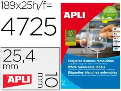 Produktbild von APLI SP-5810198, Weiß, 2,54 cm, 1 cm, 4725 Stück(e), 25 Blätter, 189 Stück(e)