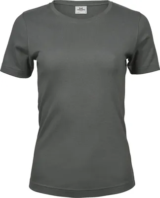 Imagen del producto de Camiseta de mujer Tee Jays, confeccionada con tejido interlock, cuello redondo, manga corta, modelo BC3321 (talla XL), color gris polvoriento