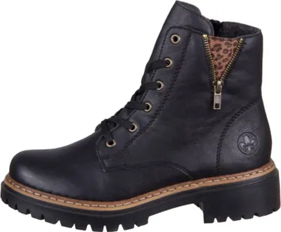 A black leather boot with a leopard print lining and a zipper.